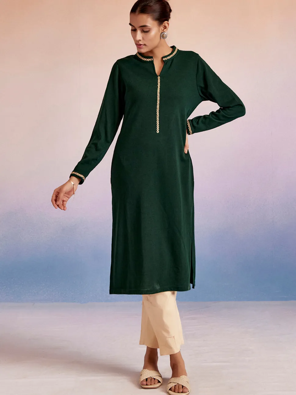 Jaipur Kurti Dark Green Embroidered Straight Woolen Kurta