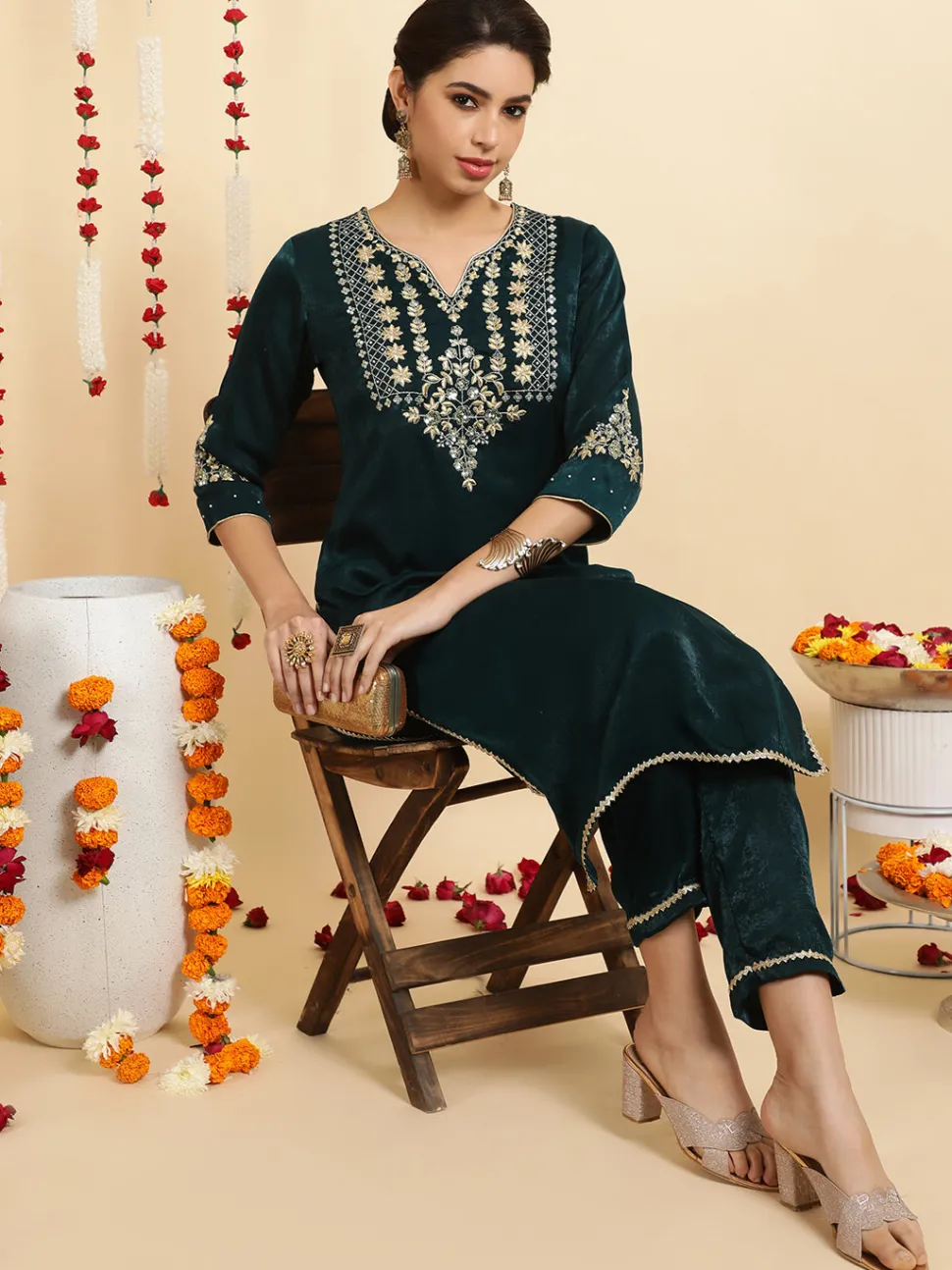 Jaipur Kurti Dark Green Embroidered Velvet Kurta With Pants