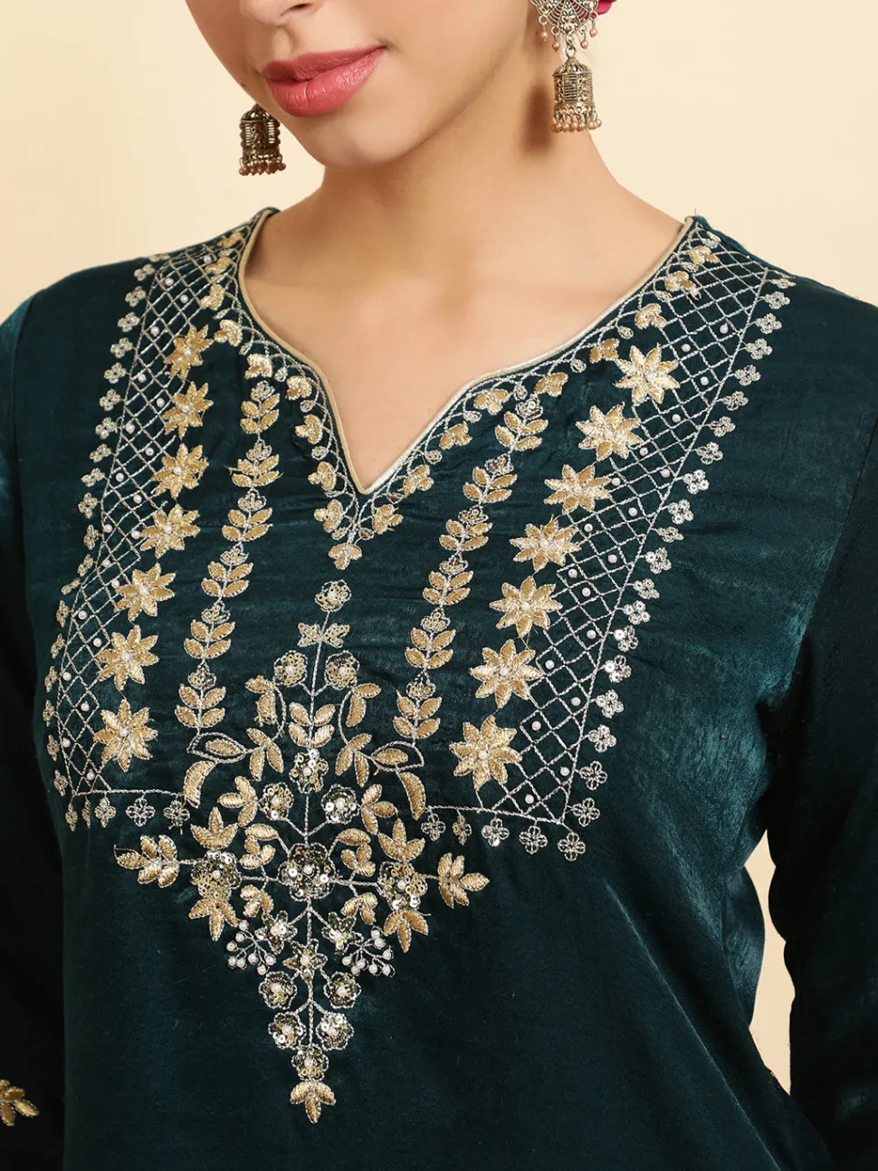 Jaipur Kurti Dark Green Embroidered Velvet Kurta With Pants