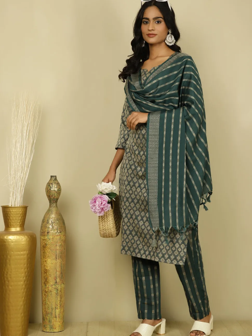 Jaipur Kurti Dark Green Self-Design Festive Suit Set