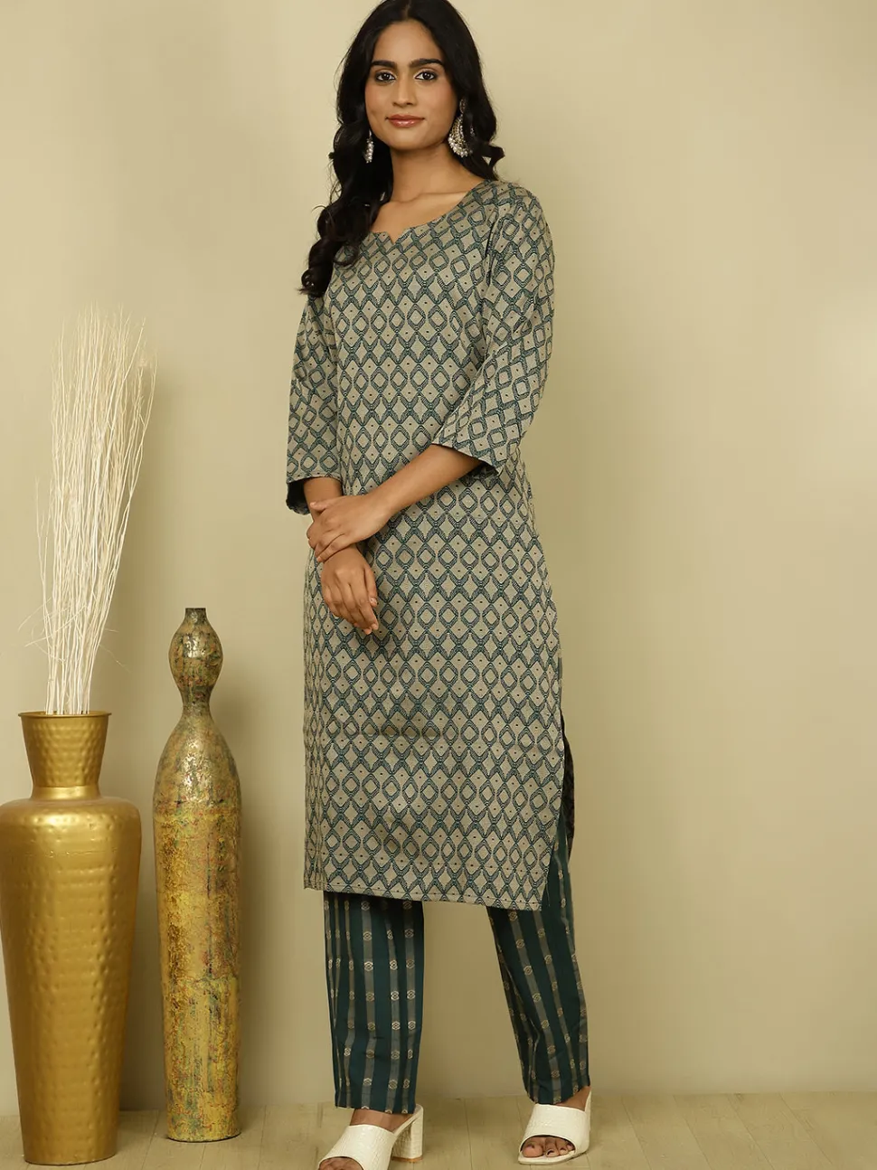 Jaipur Kurti Dark Green Self-Design Festive Suit Set