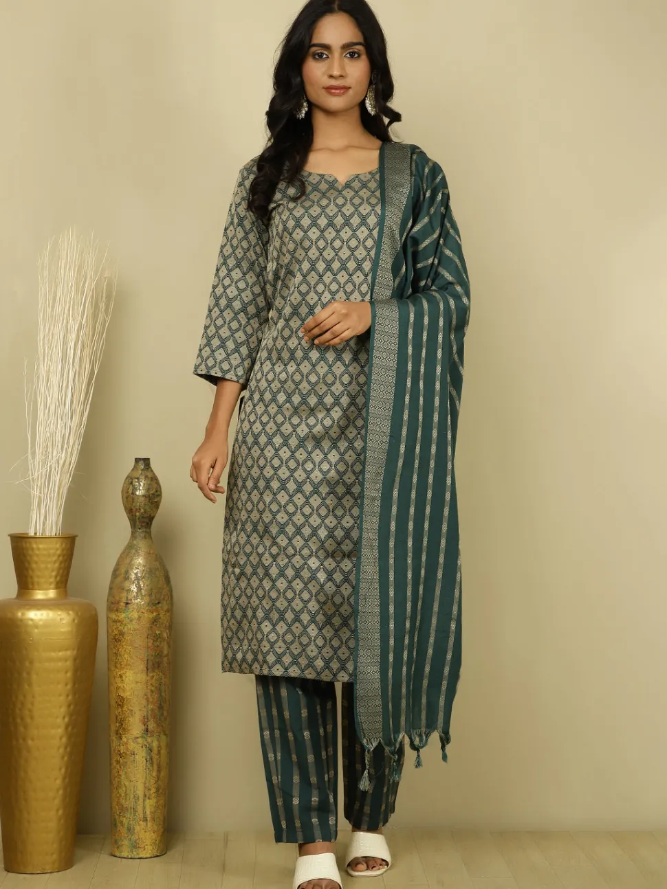 dark_green_selfdesign_festive_suit_set_4.webp Jaipur Kurti Dark Green Self-Design Festive Suit Set