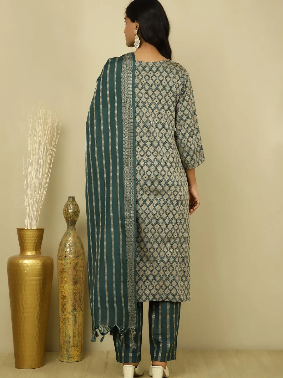 dark_green_selfdesign_festive_suit_set_5.webp Jaipur Kurti Dark Green Self-Design Festive Suit Set