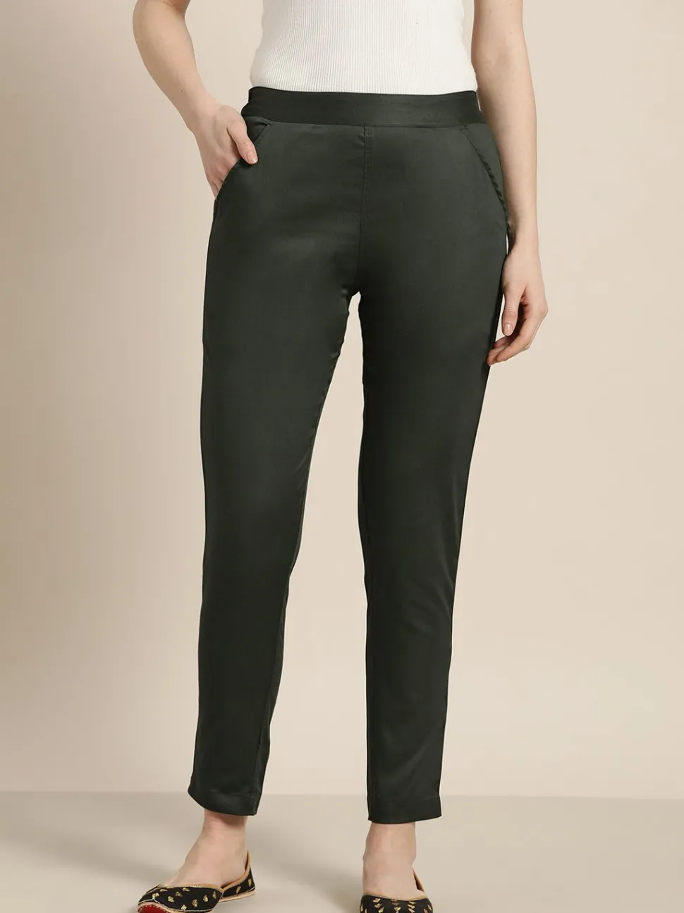 Jaipur Kurti Dark Olive Green Cotton Lycra Pants