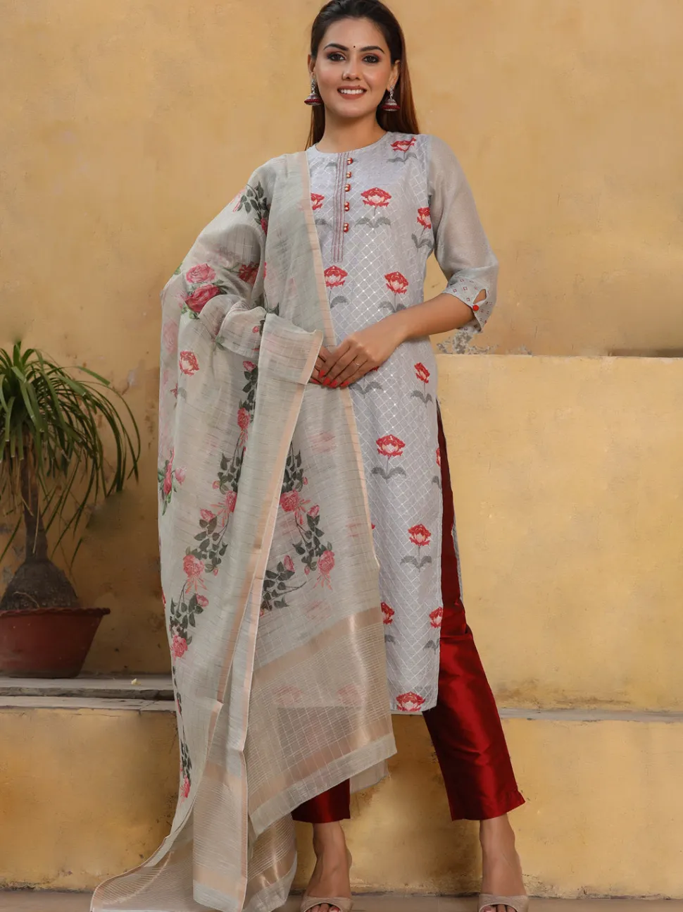 Jaipur Kurti Dusty Blue Floral Printed Chanderi Silk Kurta With Pants And Dupatta