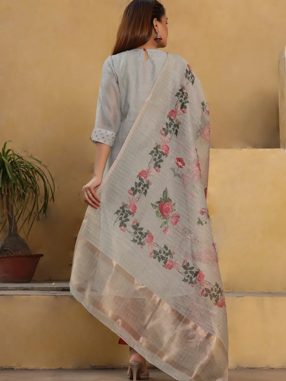 Jaipur Kurti Dusty Blue Floral Printed Chanderi Silk Kurta With Pants And Dupatta