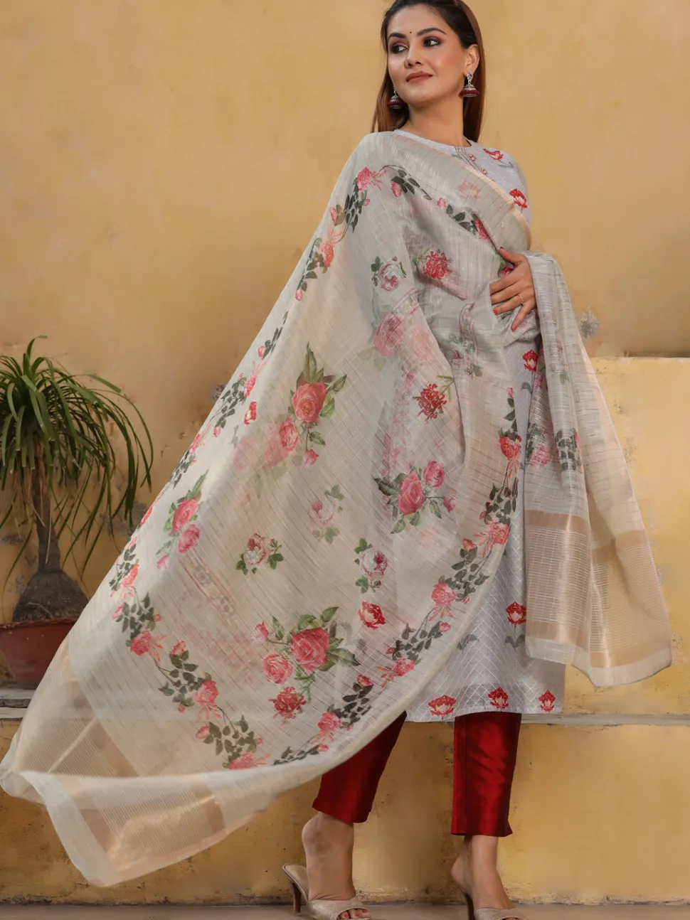 Jaipur Kurti Dusty Blue Floral Printed Chanderi Silk Kurta With Pants And Dupatta