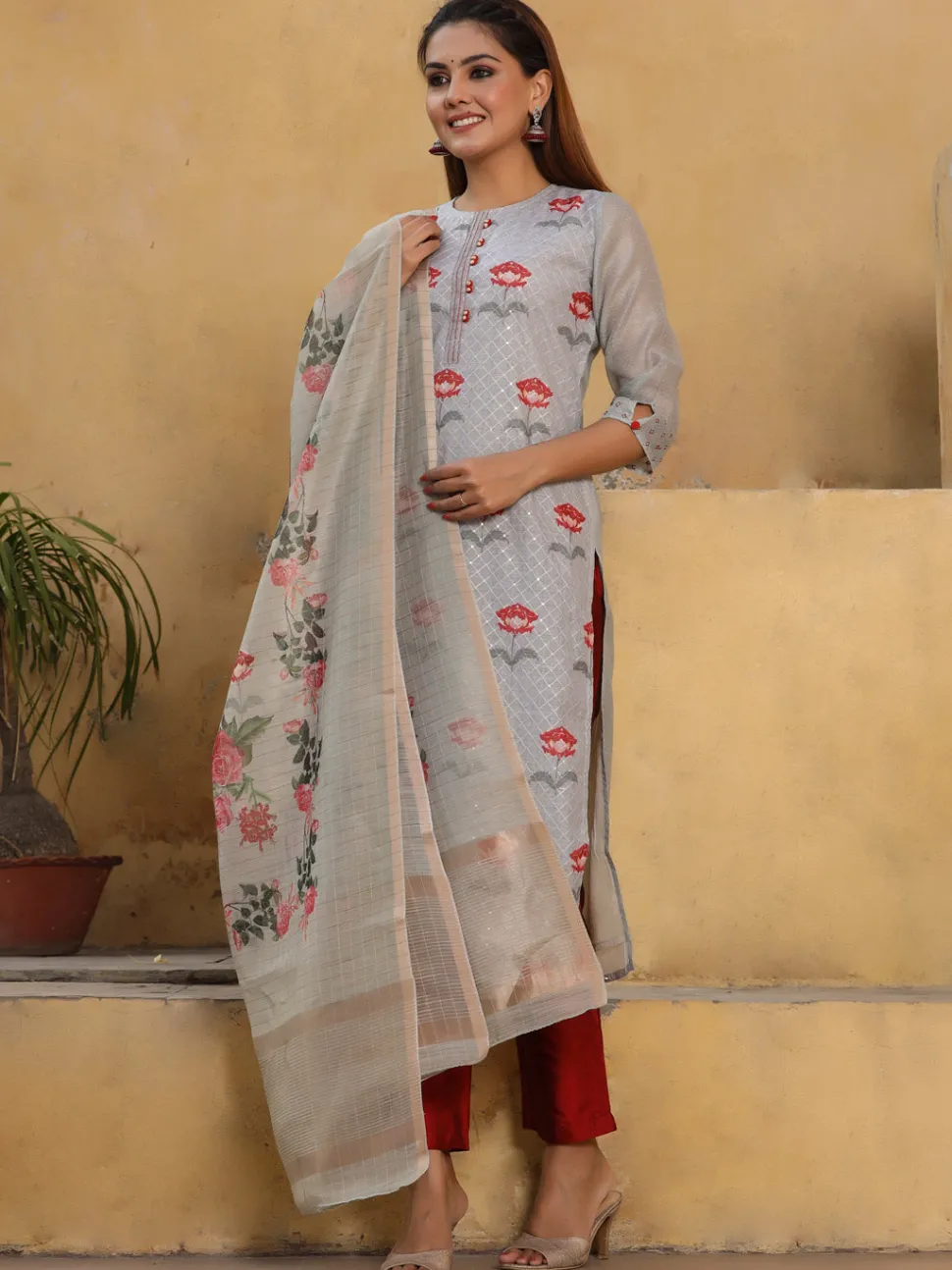 Jaipur Kurti Dusty Blue Floral Printed Chanderi Silk Kurta With Pants And Dupatta