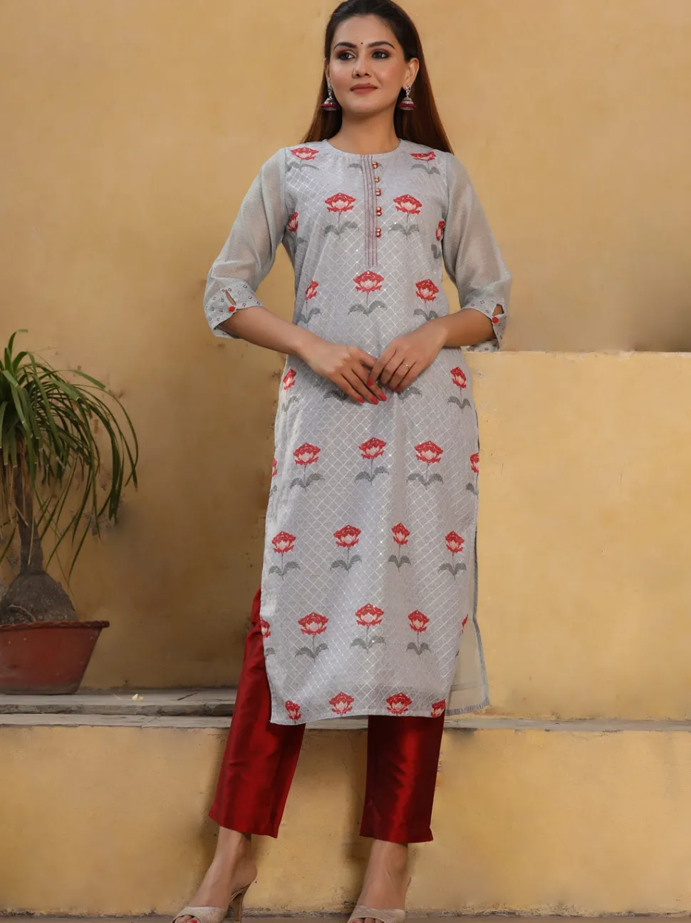Jaipur Kurti Dusty Blue Floral Printed Chanderi Silk Kurta With Pants And Dupatta