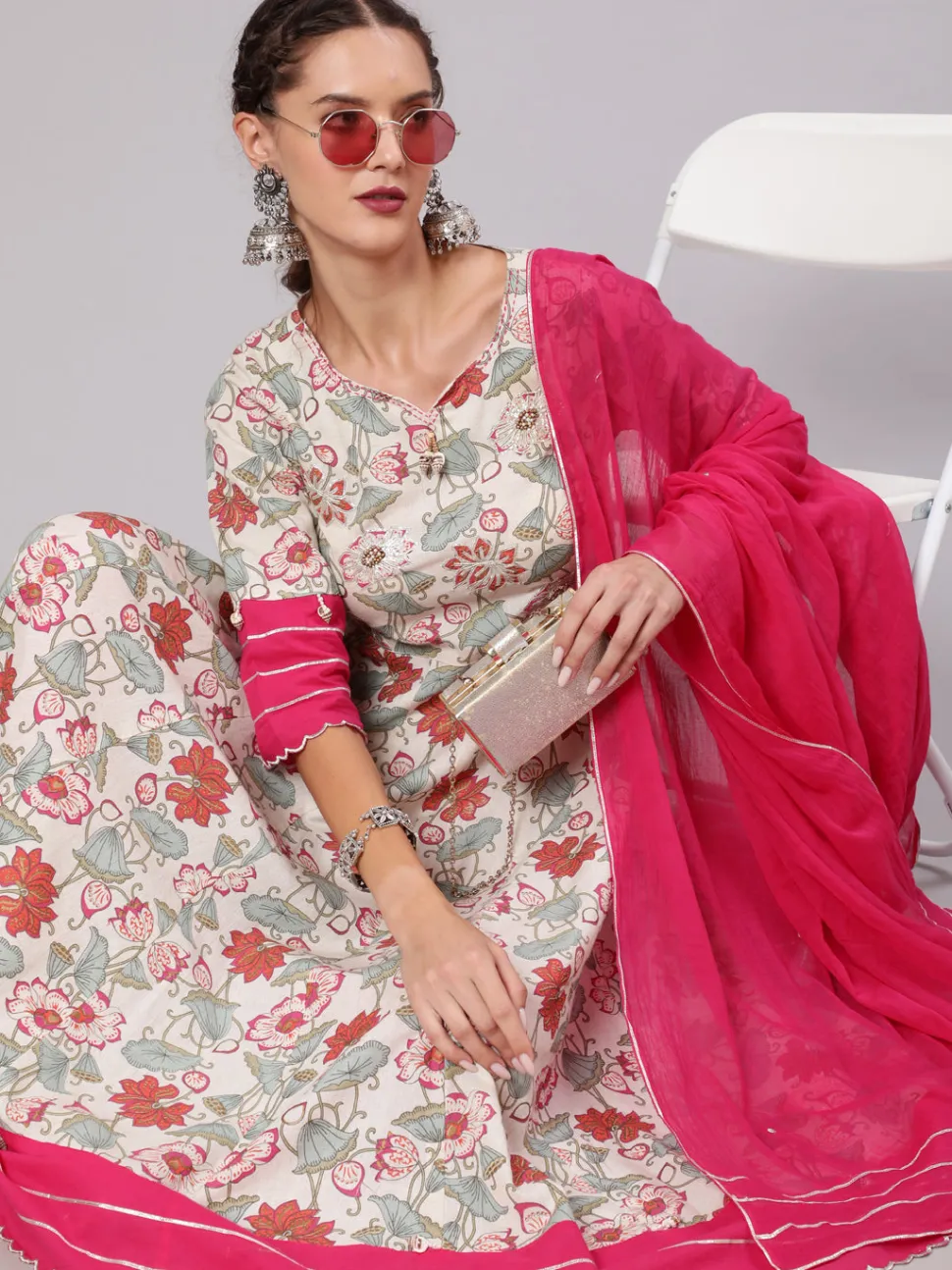 Jaipur Kurti Embellished And Pink Floral Printed Anarkali Kurta With Pants and Dupatta