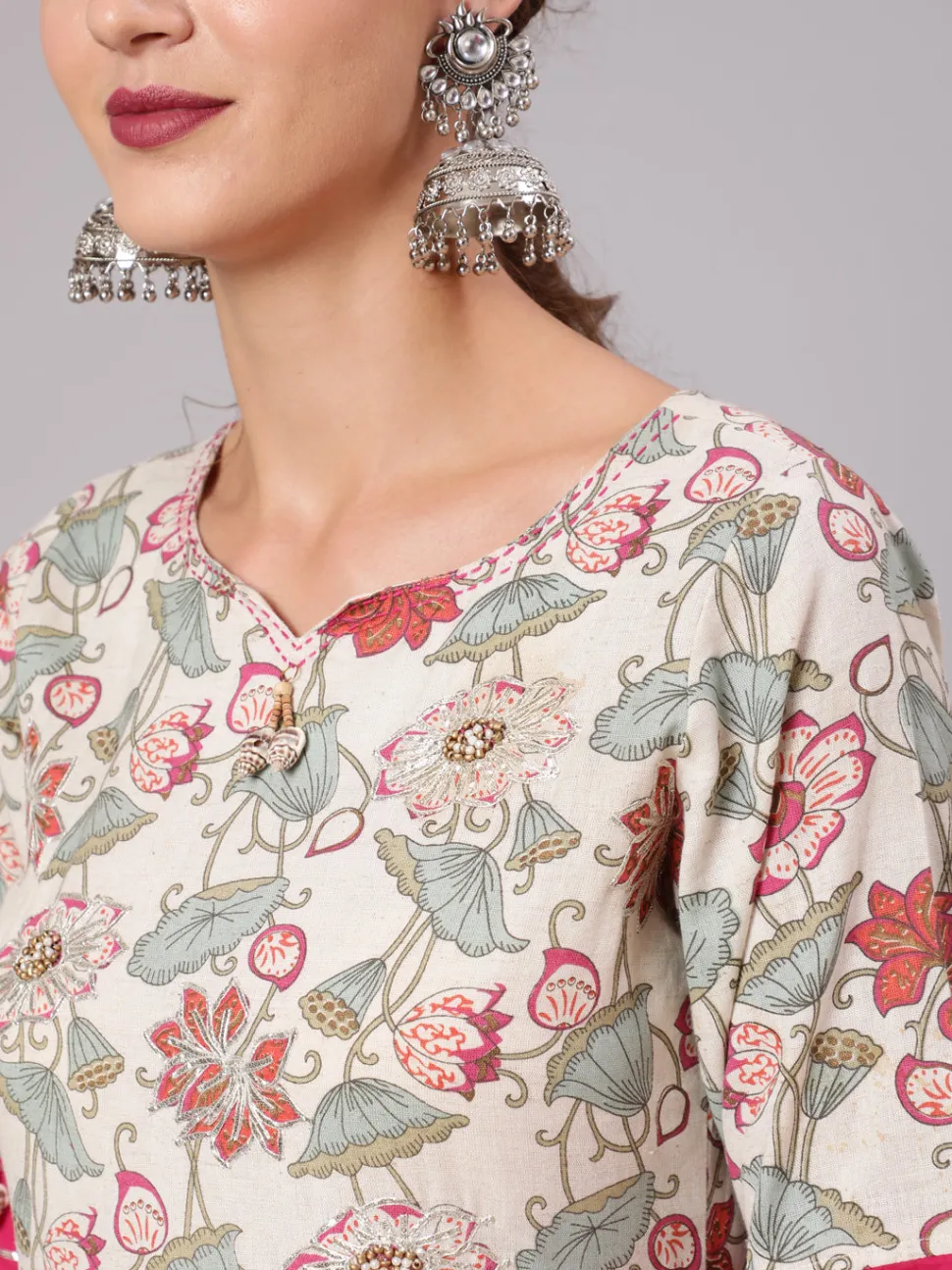 Jaipur Kurti Embellished And Pink Floral Printed Anarkali Kurta With Pants and Dupatta