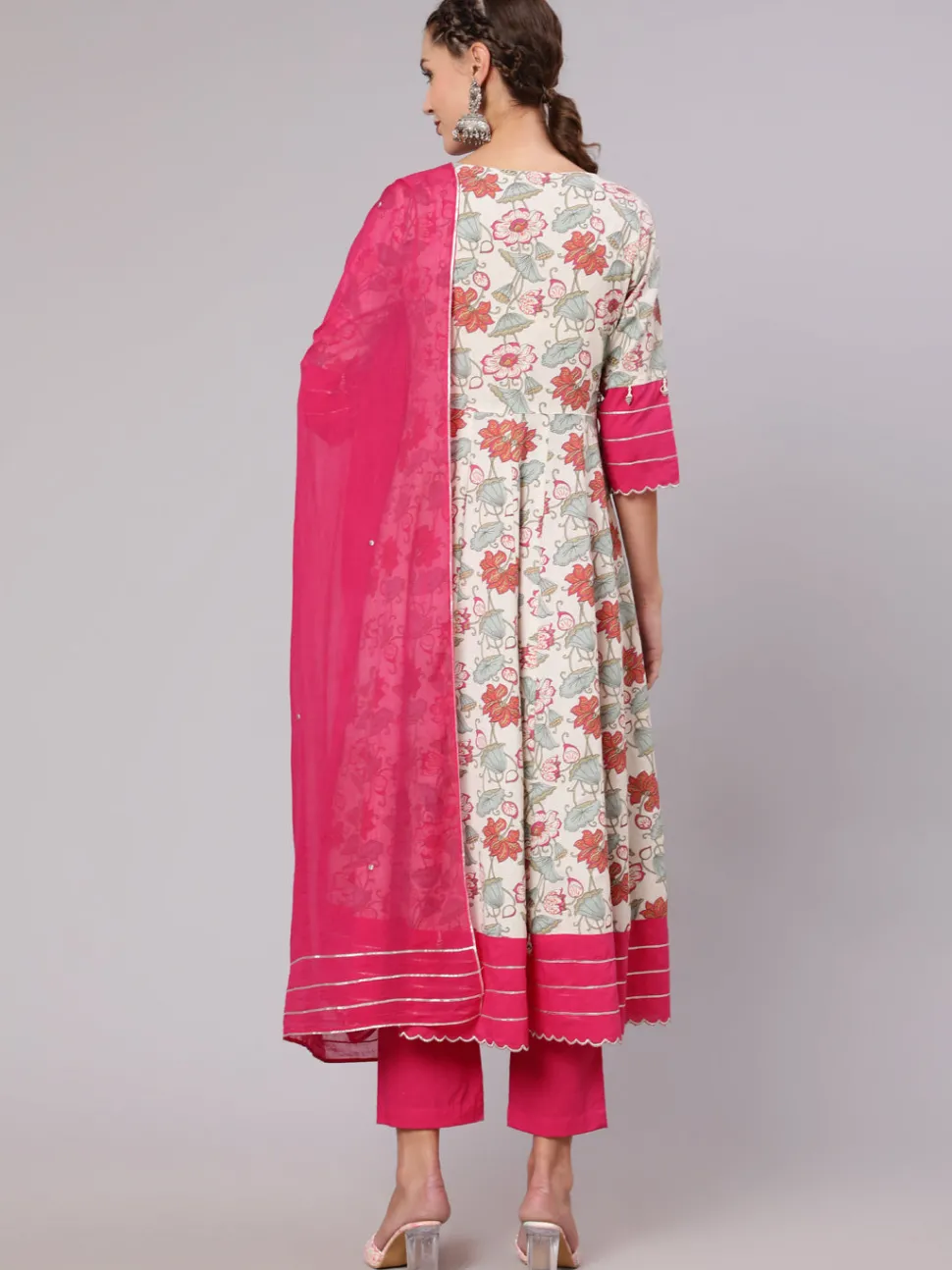 Jaipur Kurti Embellished And Pink Floral Printed Anarkali Kurta With Pants and Dupatta