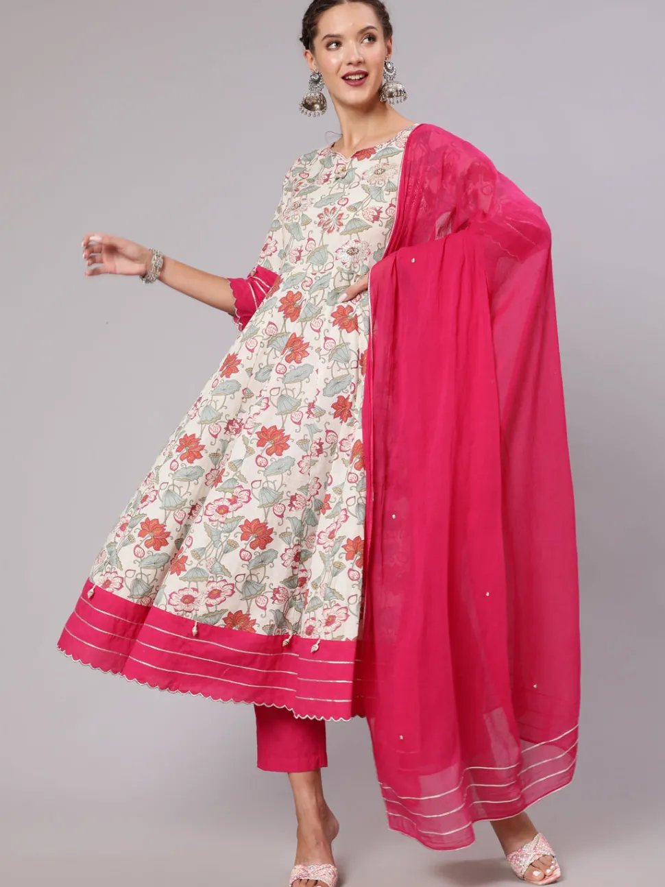 Jaipur Kurti Embellished And Pink Floral Printed Anarkali Kurta With Pants and Dupatta