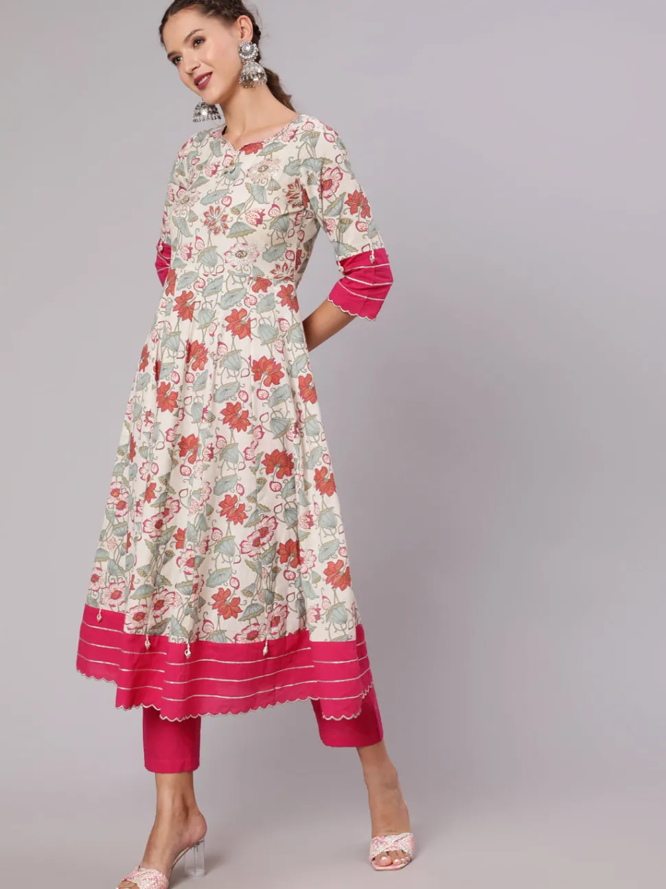 Jaipur Kurti Embellished And Pink Floral Printed Anarkali Kurta With Pants and Dupatta