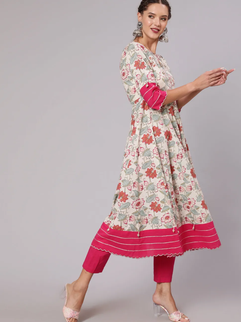 Jaipur Kurti Embellished And Pink Floral Printed Anarkali Kurta With Pants and Dupatta