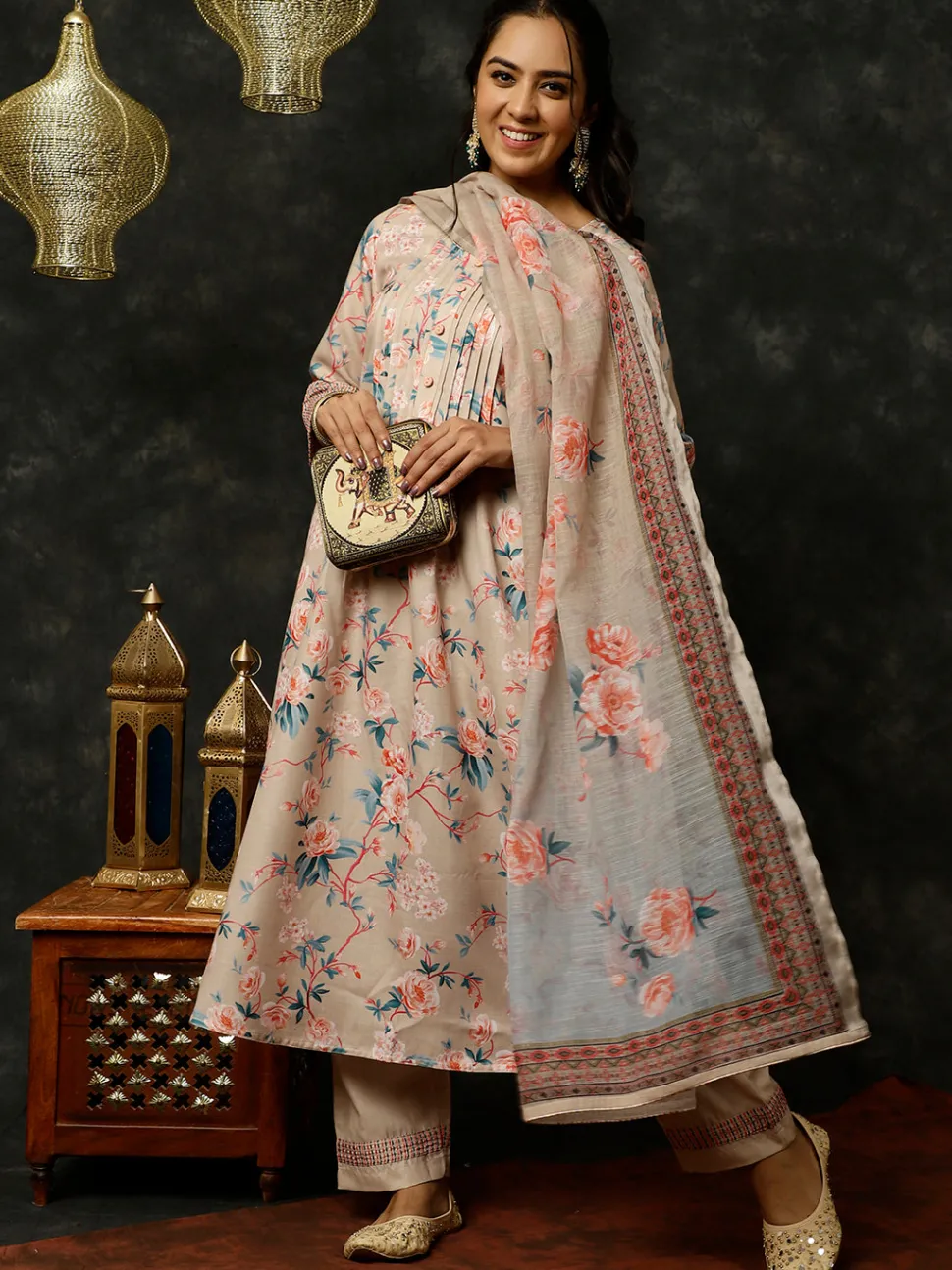 Jaipur Kurti Embroidered Rose Print Pleated Kurta With Pants And Dupatta