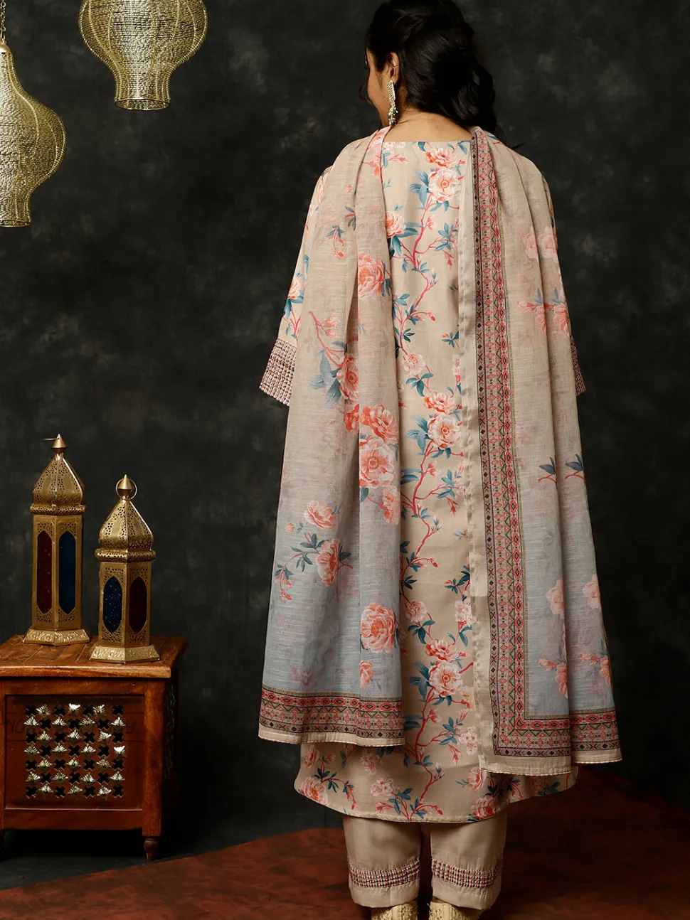 embroidered_beige_rose_print_pleated_kurta_with_pants_and_dupatta_3.webp Jaipur Kurti Embroidered Rose Print Pleated Kurta With Pants And Dupatta