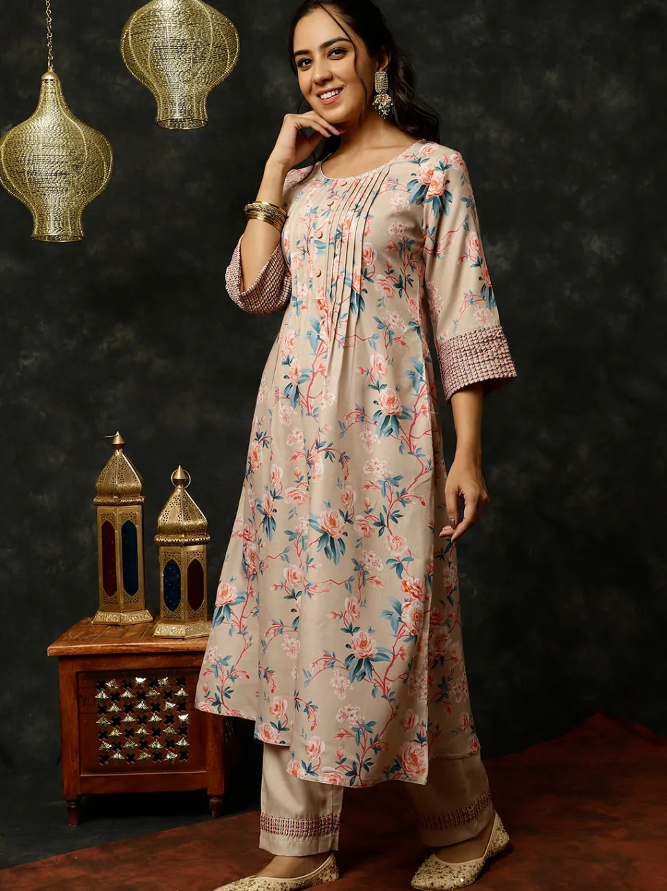 embroidered_beige_rose_print_pleated_kurta_with_pants_and_dupatta_4.webp Jaipur Kurti Embroidered Rose Print Pleated Kurta With Pants And Dupatta