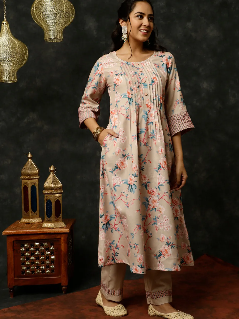 embroidered_beige_rose_print_pleated_kurta_with_pants_and_dupatta_5.webp Jaipur Kurti Embroidered Rose Print Pleated Kurta With Pants And Dupatta