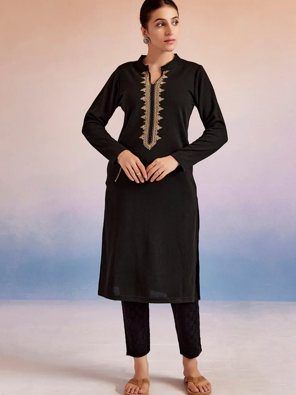 Jaipur Kurti Embroidered Straight Woolen Kurta