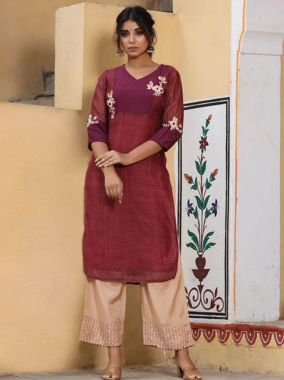 Jaipur Kurti Embroidered Chanderi Kurta With Palazzo And Printed Dupatta