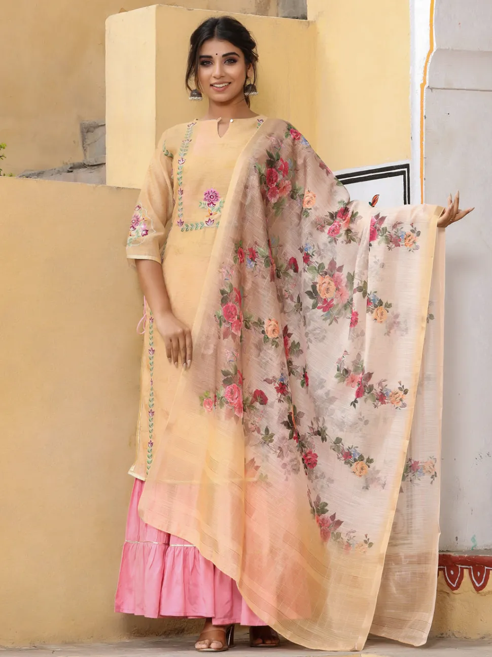Jaipur Kurti Embroidered Chanderi Kurta With Sharara And Printed Dupatta