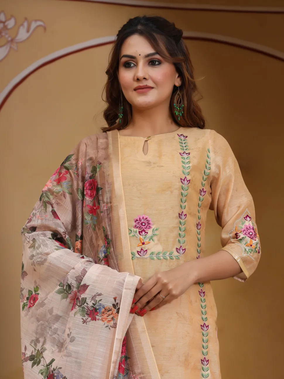 Jaipur Kurti Embroidered Chanderi Kurta With Sharara And Printed Dupatta