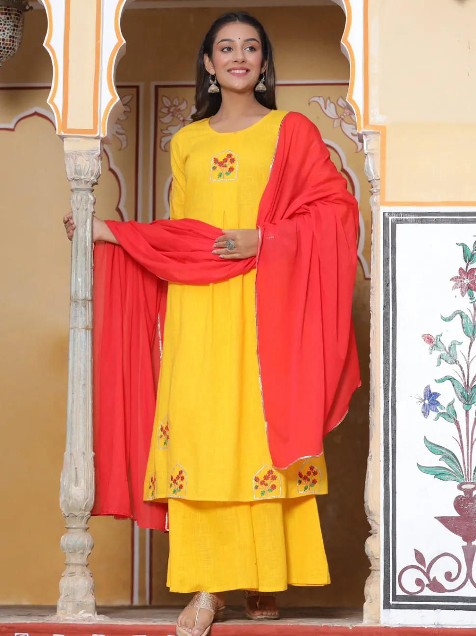 Jaipur Kurti Embroidered Cotton Kurta With Palazzo And Dupatta