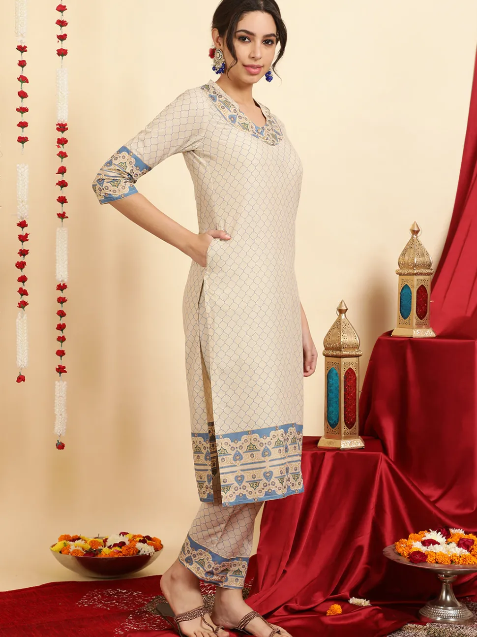 Jaipur Kurti Ethnic Printed Cotton Straight Kurta With Pants And Dupatta