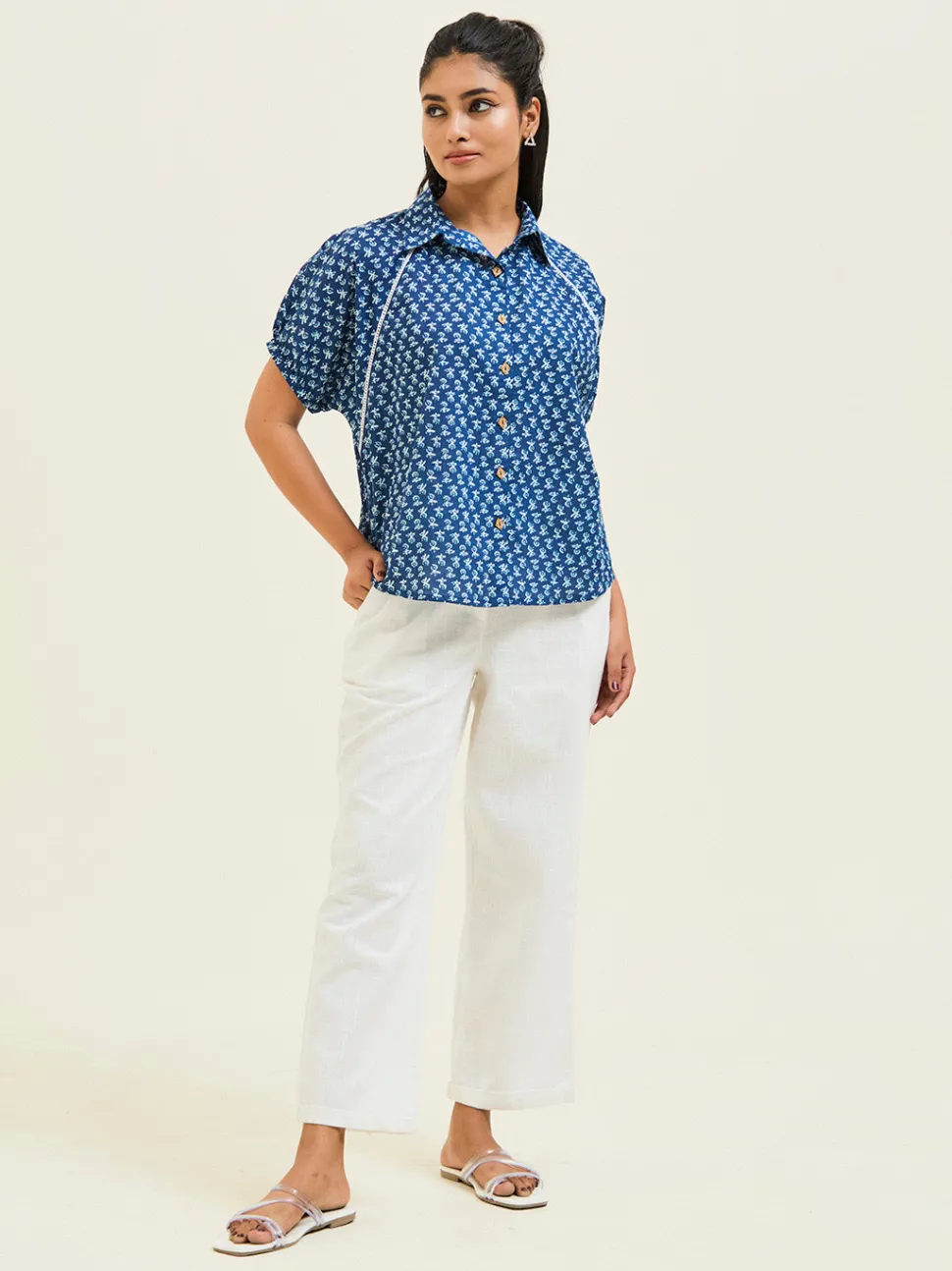 Jaipur Kurti Ethnic Printed Indigo Blue Cotton Shirt