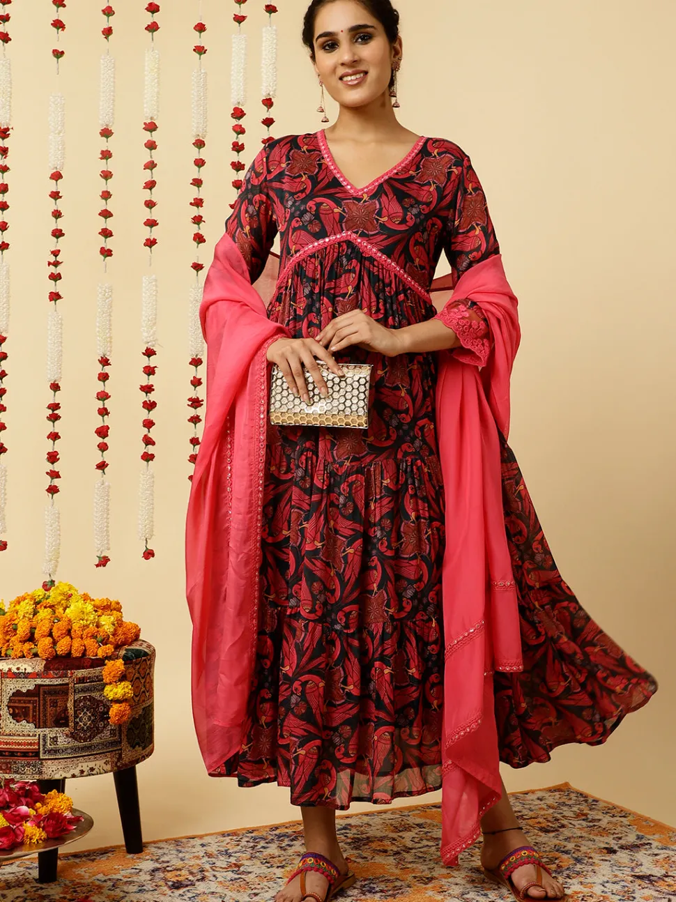 Jaipur Kurti Animal Print Flared Kurta With Dupatta