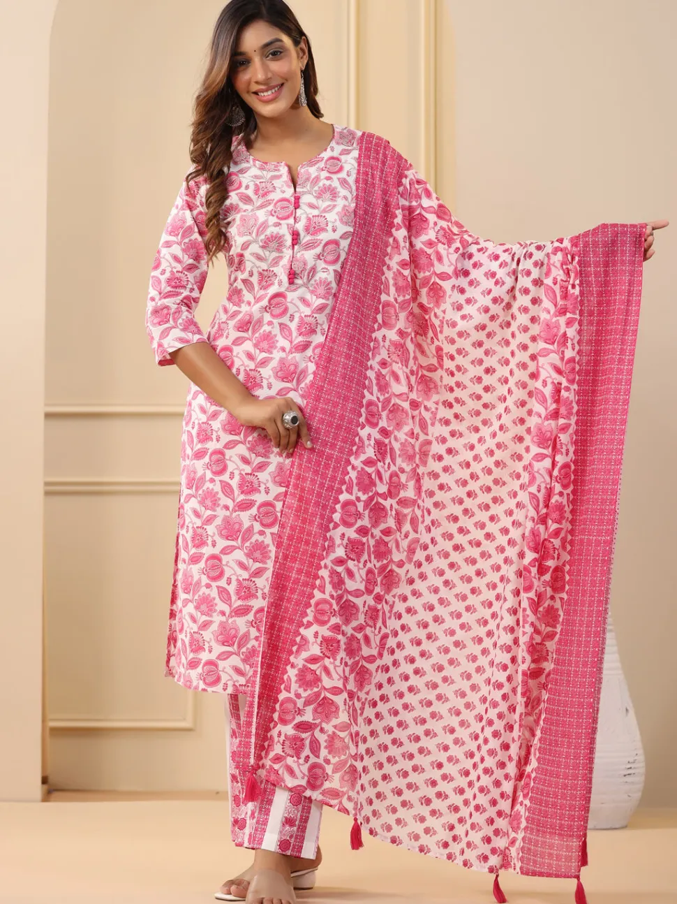 Jaipur Kurti Ethnic Floral Printed Embroidered Kurta With Printed Pants And Printed Dupatta