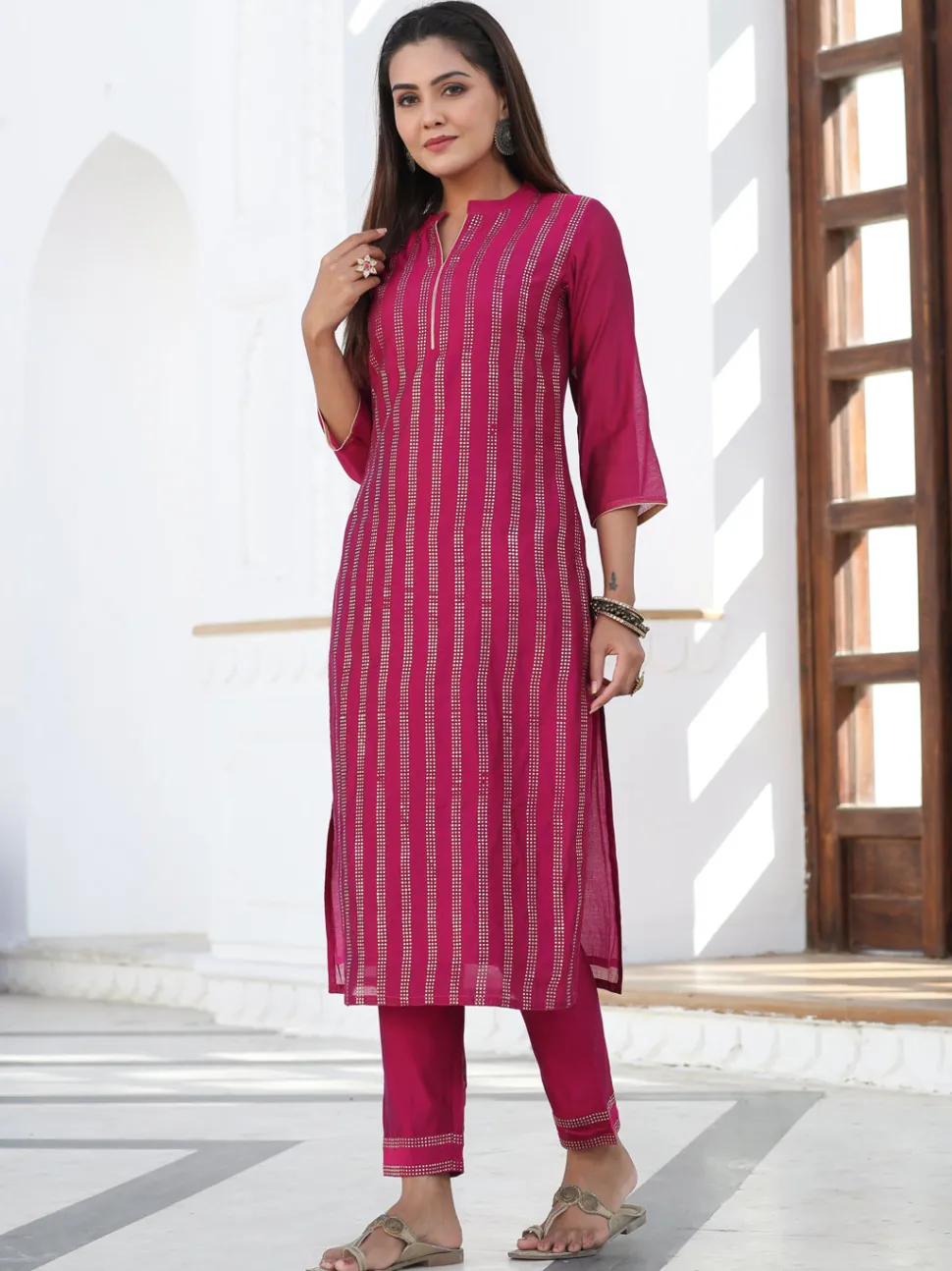 Jaipur Kurti Foil Printed Chanderi Straight Kurta Paired With Solid Pant