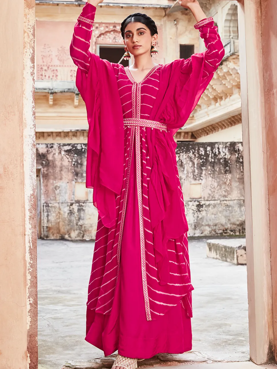 Jaipur Kurti Lehriya Flared Jacket With Skirt And Dupatta And Mirror Work Belt