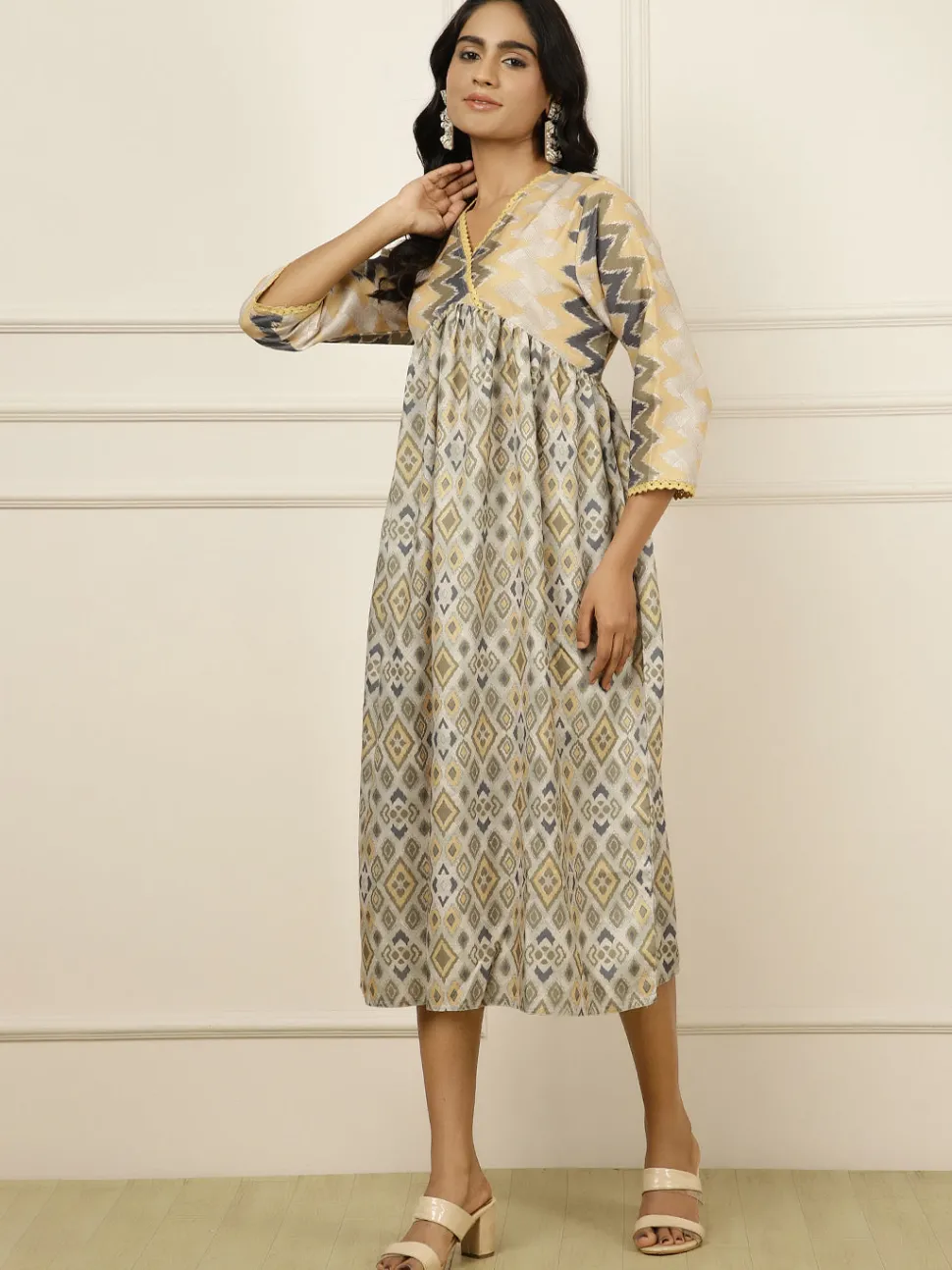 Jaipur Kurti Geometric Printed Gathered Dress