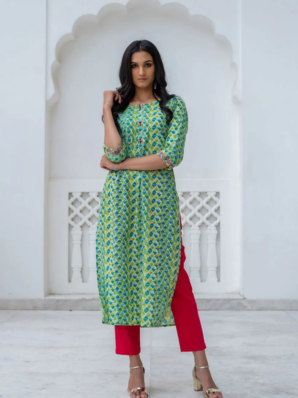 Jaipur Kurti Green & Blue Geometric Print Straight Cotton Kurta