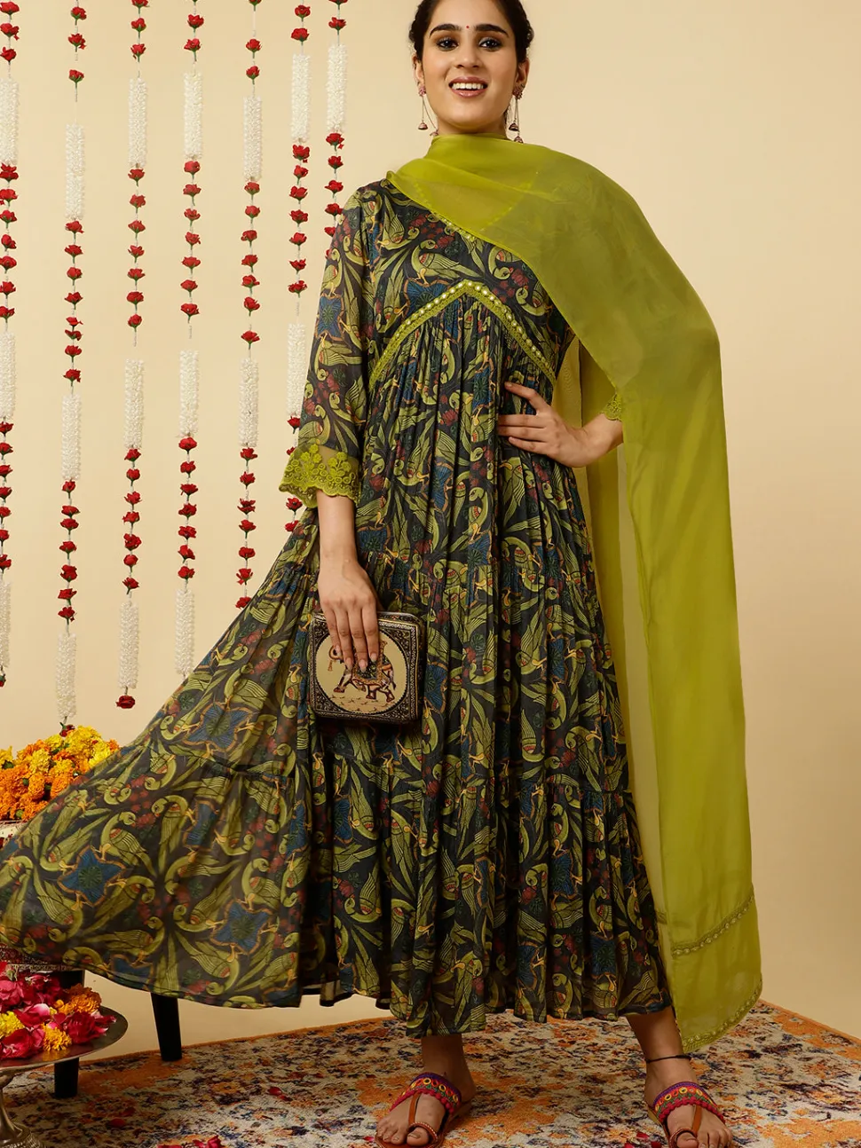 Jaipur Kurti Animal Print Flared Kurta With Dupatta