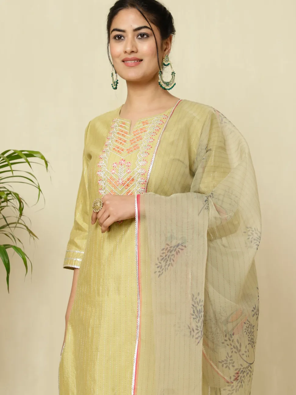 Jaipur Kurti Chanderi Kantha Embroidered Kurta With Palazzo And Dupatta