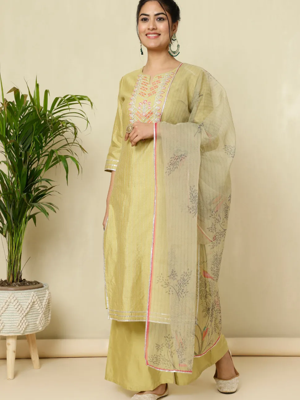 Jaipur Kurti Chanderi Kantha Embroidered Kurta With Palazzo And Dupatta