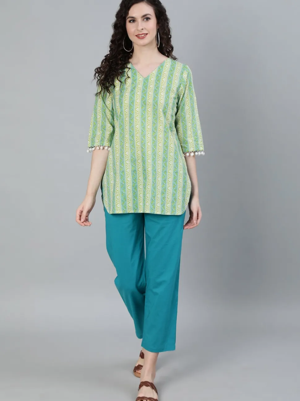 Jaipur Kurti Green Coloured Sleepwear Consist Of Short Kaftan & Pyajama