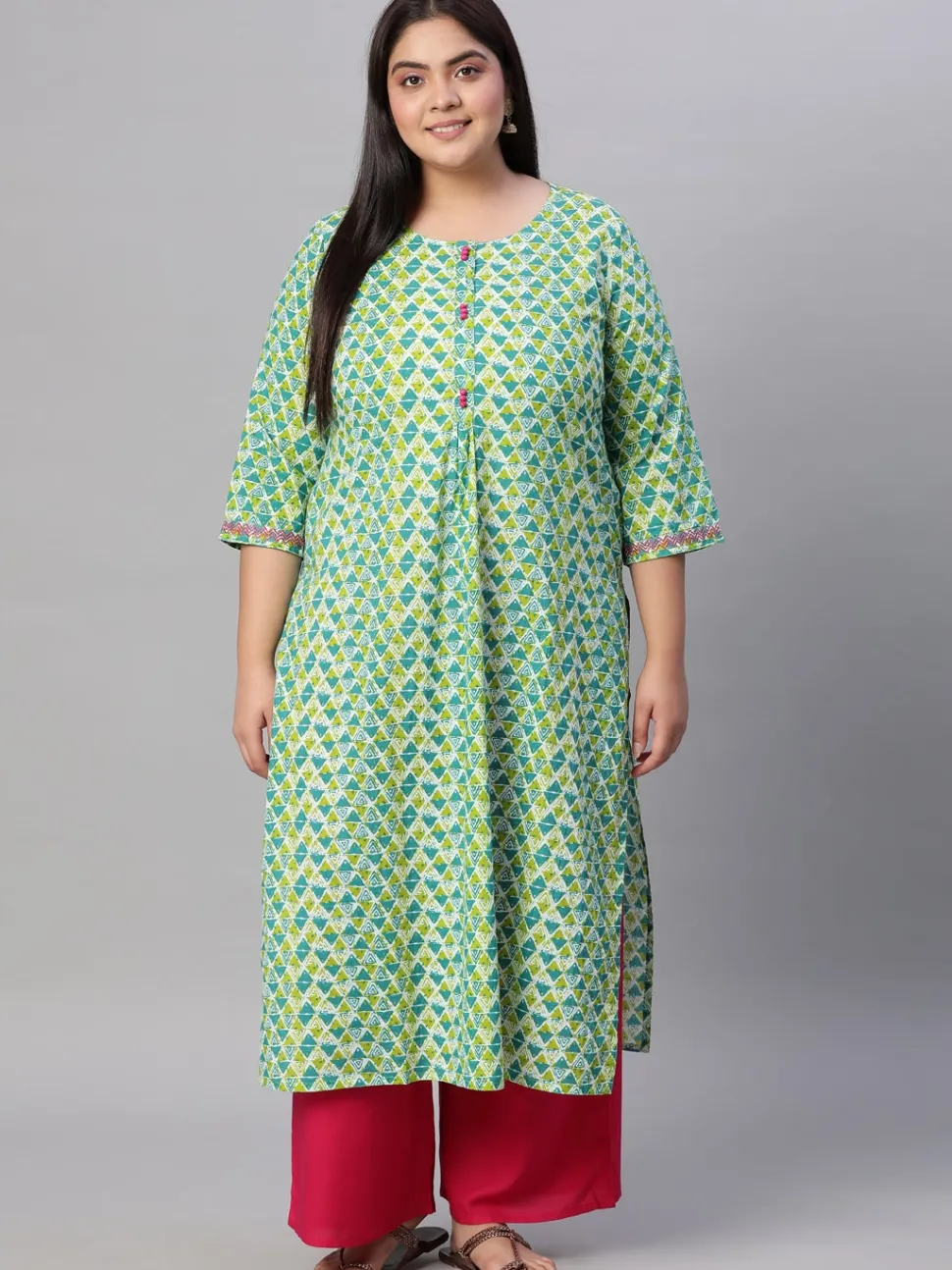 Jaipur Kurti Green Cotton Geomatric Print Straight Fit Kurti