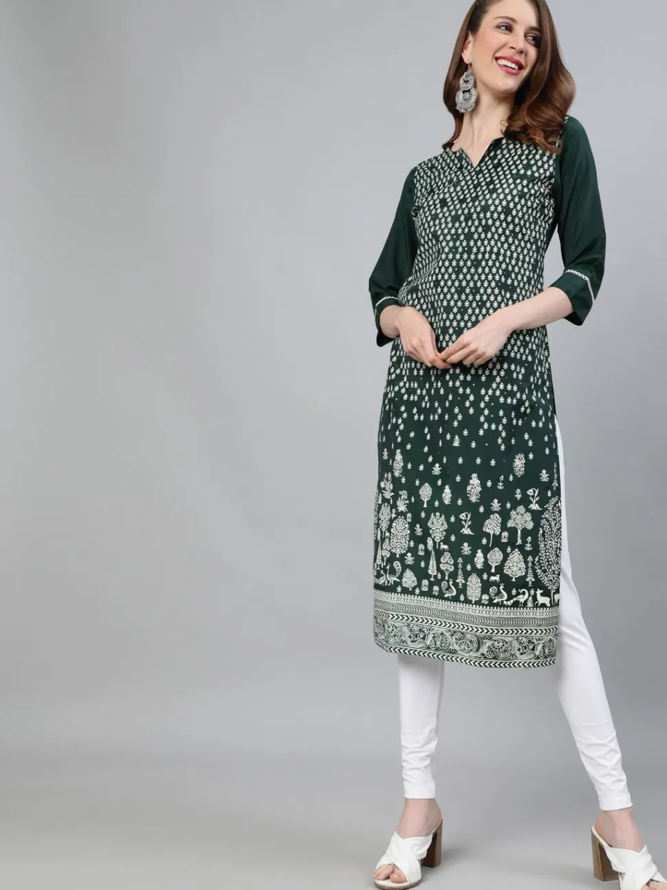 Jaipur Kurti Green Ethnic Motifs Straight Silk Blend Kurta