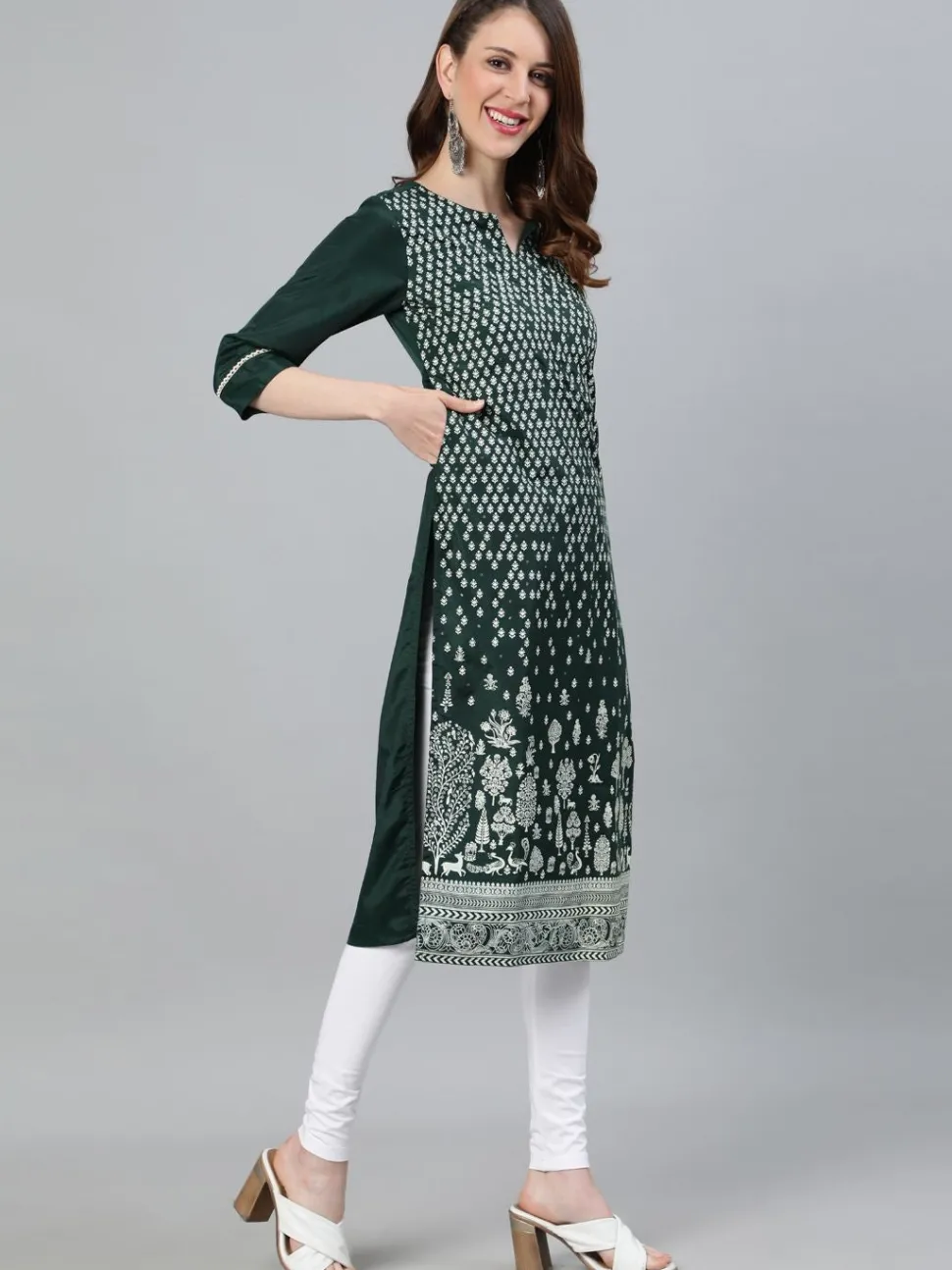 Jaipur Kurti Green Ethnic Motifs Straight Silk Blend Kurta