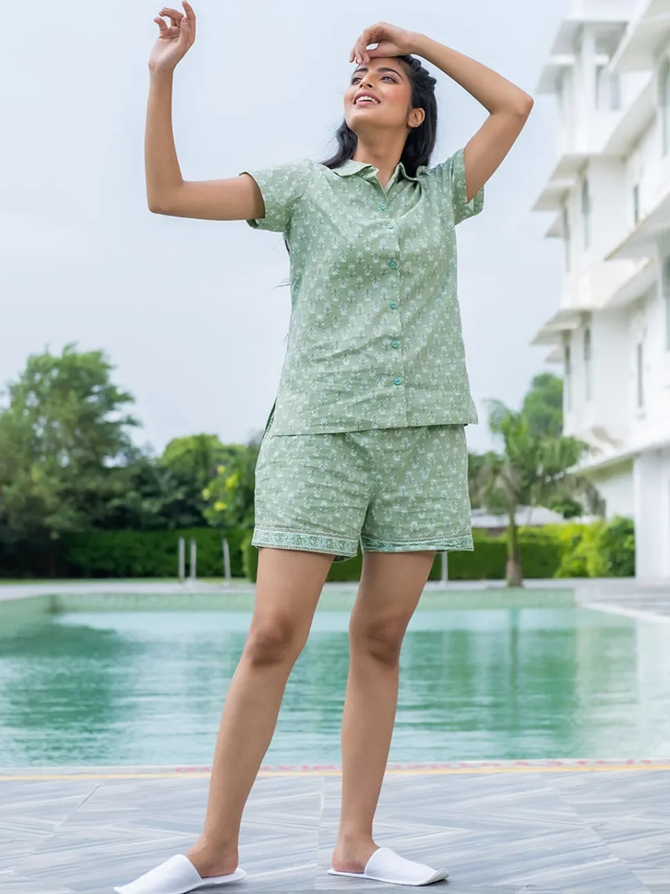 Jaipur Kurti Green Ethnic Print Cotton Loungwear Set with Side Pockets
