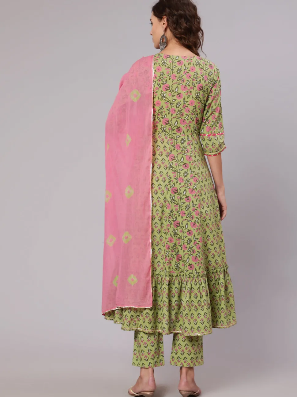 Jaipur Kurti Green Ethnic Printed Gota Embellished Anarkali Suit With Pants And Tie And Dye Dupatta