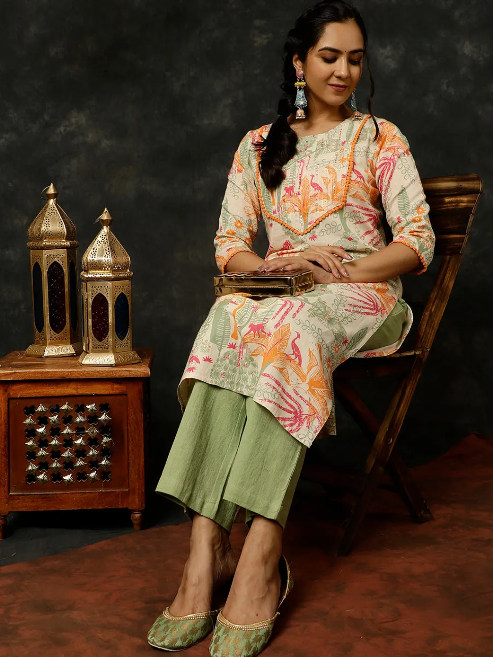 Jaipur Kurti Green Kantha Work Printed Straight Kurta With Palazzo