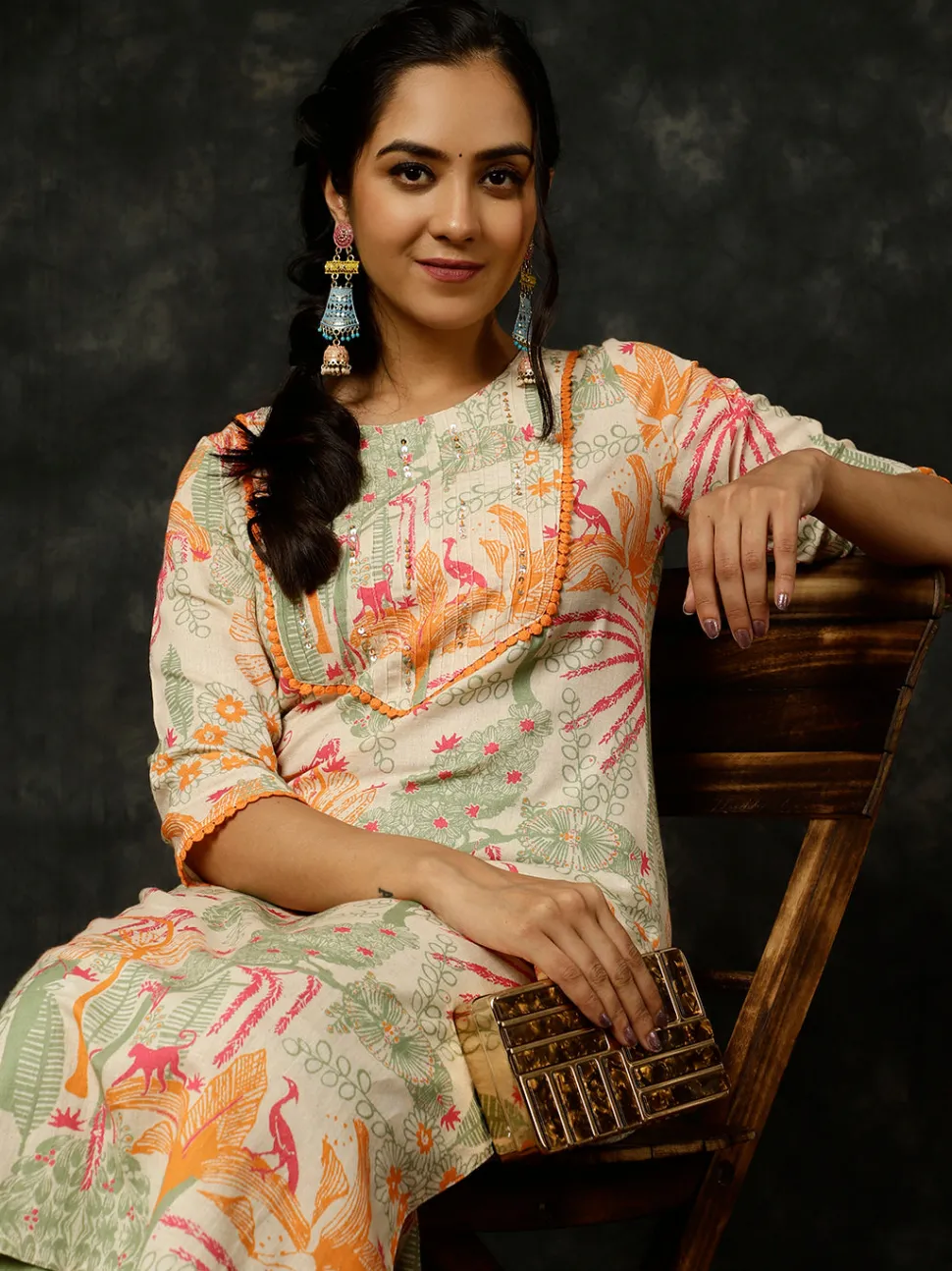 Jaipur Kurti Green Kantha Work Printed Straight Kurta With Palazzo