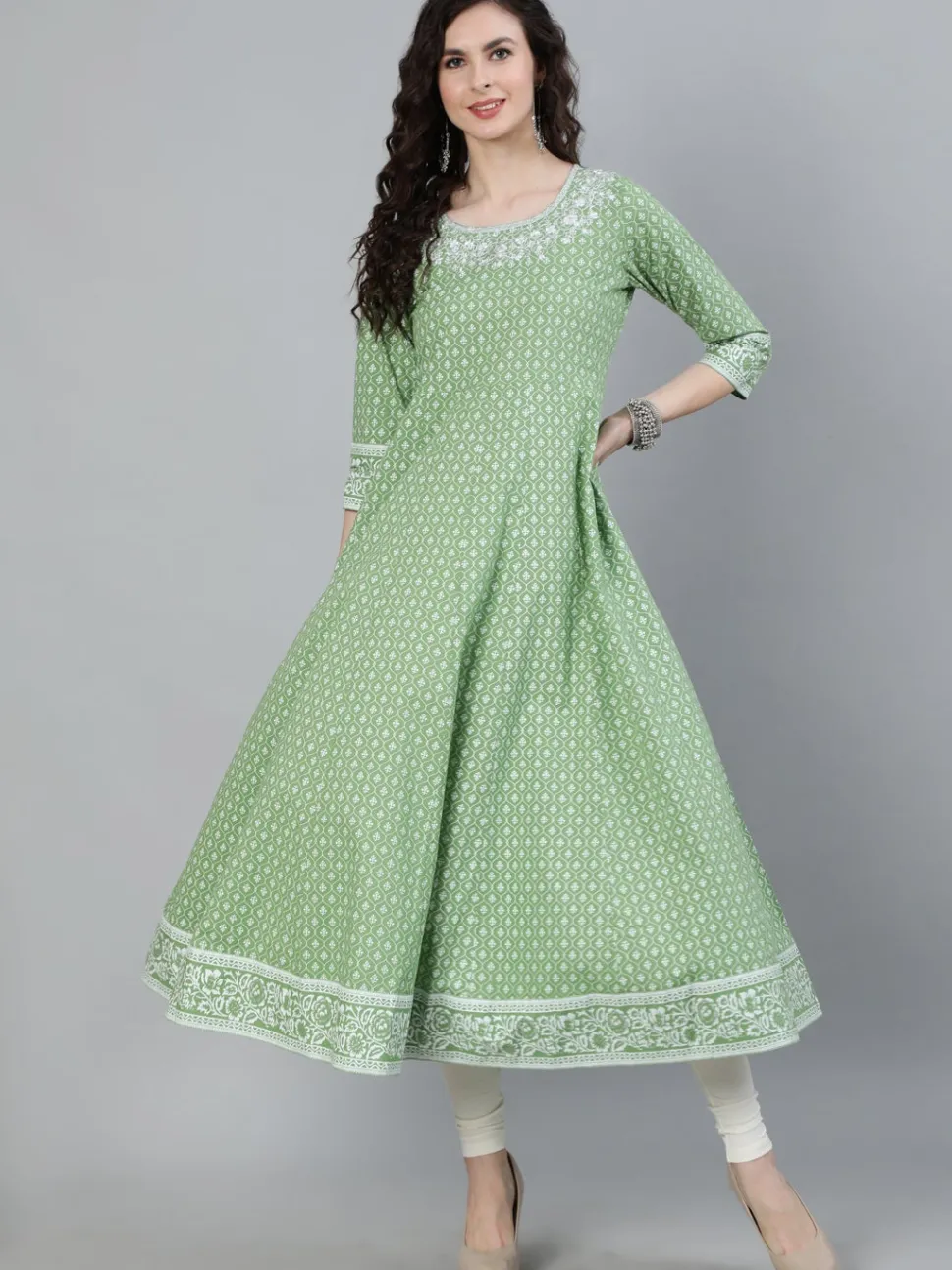 Jaipur Kurti Green Printed Anarkali with Embroidered Yoke