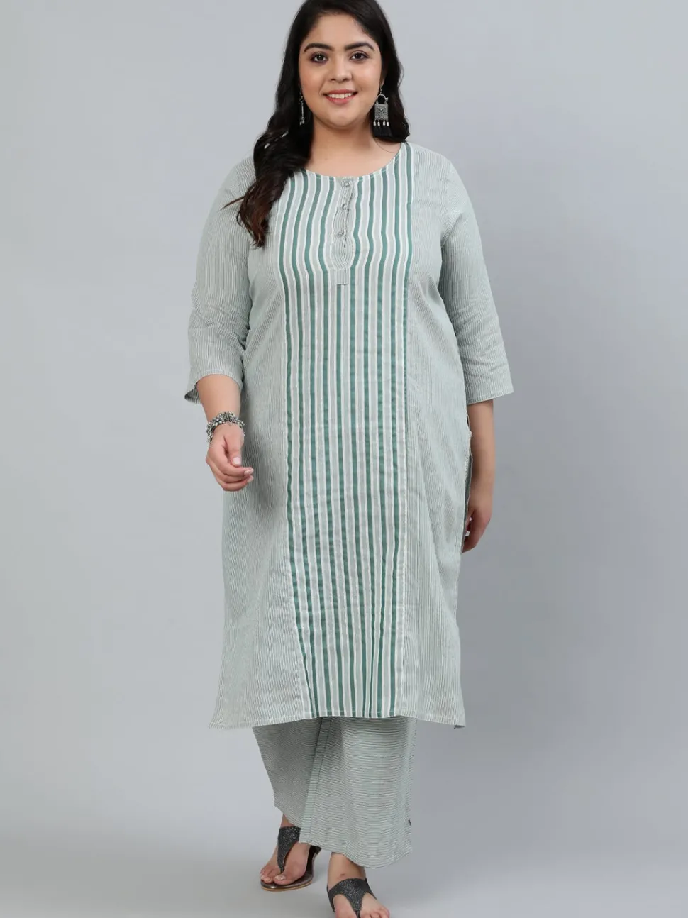 Jaipur Kurti Green Self-Striped Straight Cotton Blend Kurta with Palazzos
