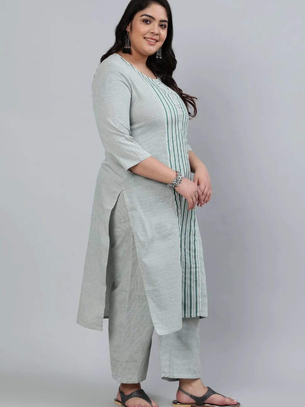 Jaipur Kurti Green Self-Striped Straight Cotton Blend Kurta with Palazzos